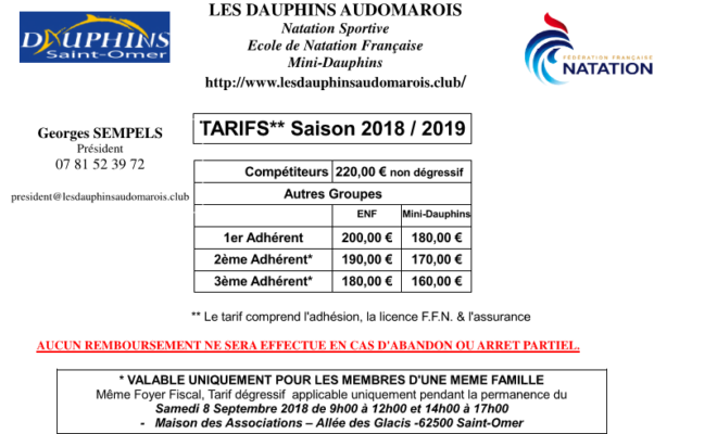 Tarifs saison 2018/2019, Les Dauphins Audomarois, Saint Omer